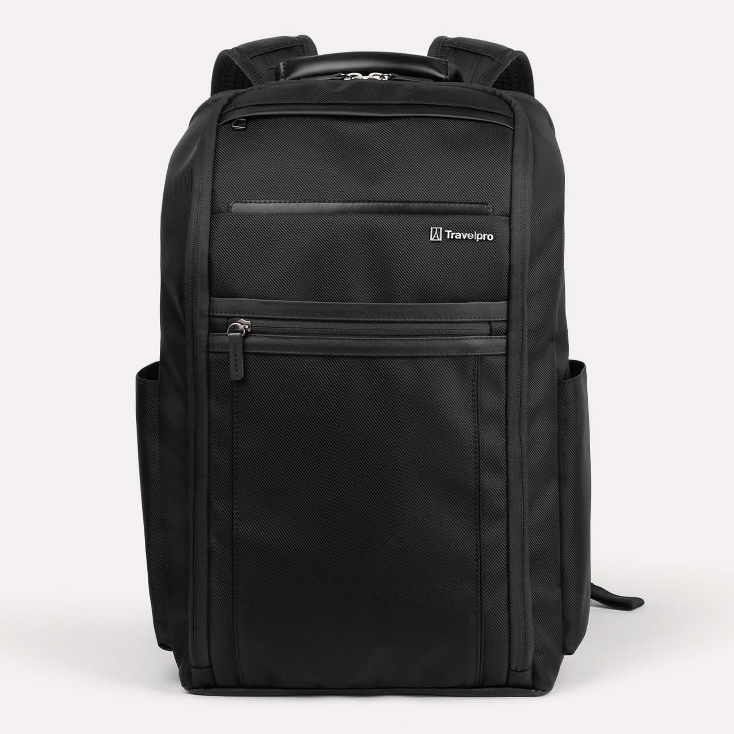 A black Travelpro Crew Executive Choice 3 Slim backpack with multiple compartments and leather accents.