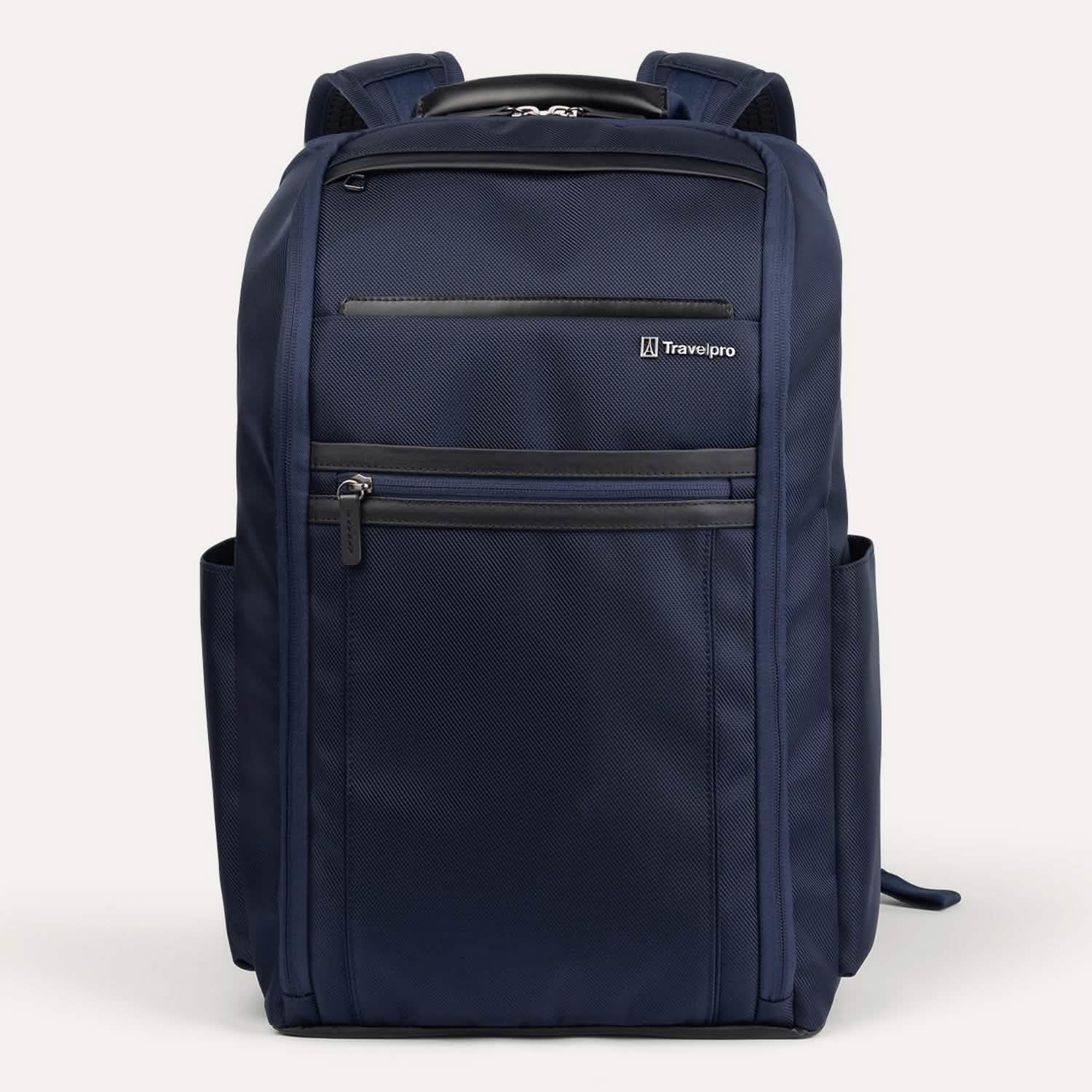 Front view of Travelpro Crew Executive Choice 3 Laptop Backpack in Patriot Blue, featuring exterior quick-access pockets.
