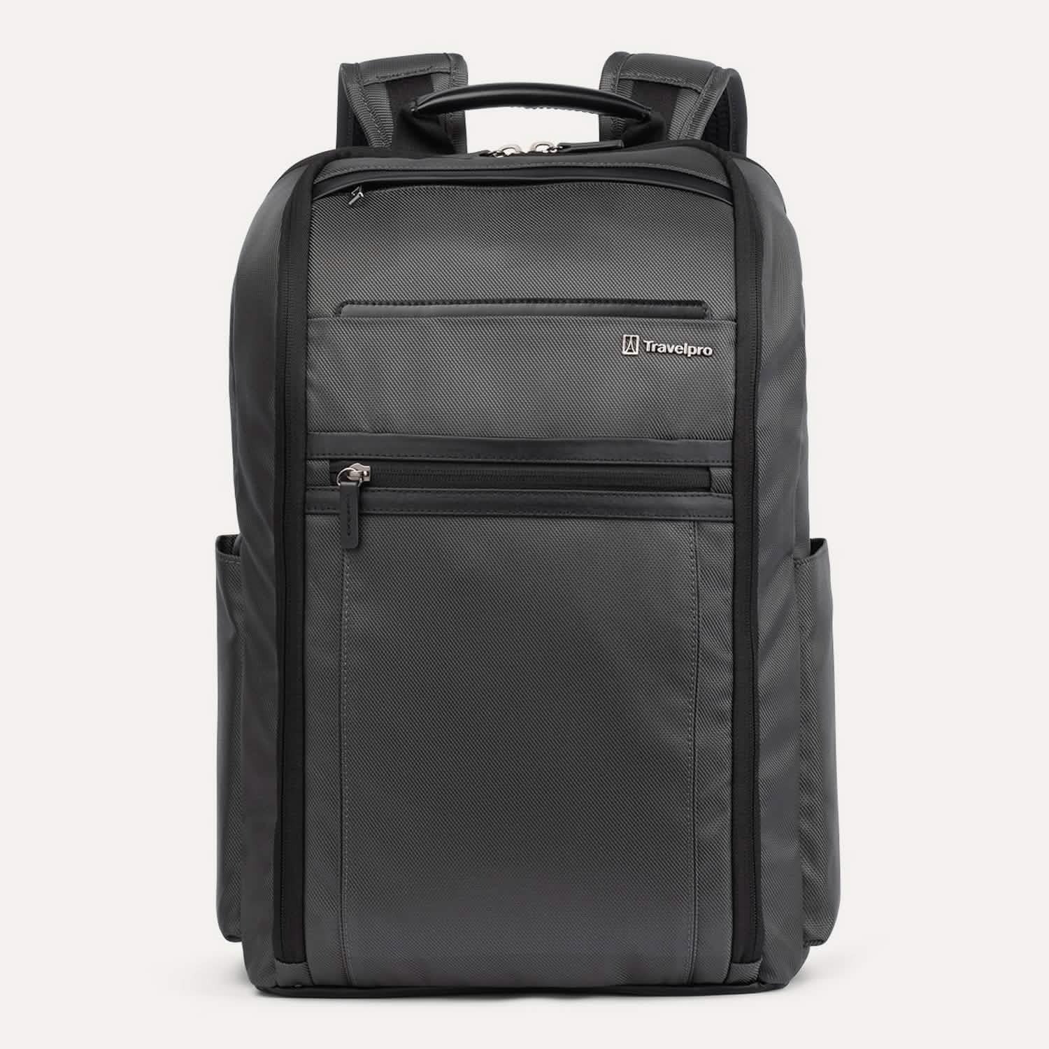 Front view of Travelpro Crew Executive Choice 3 Laptop Backpack in Titanium Gray, featuring exterior quick-access pockets.
