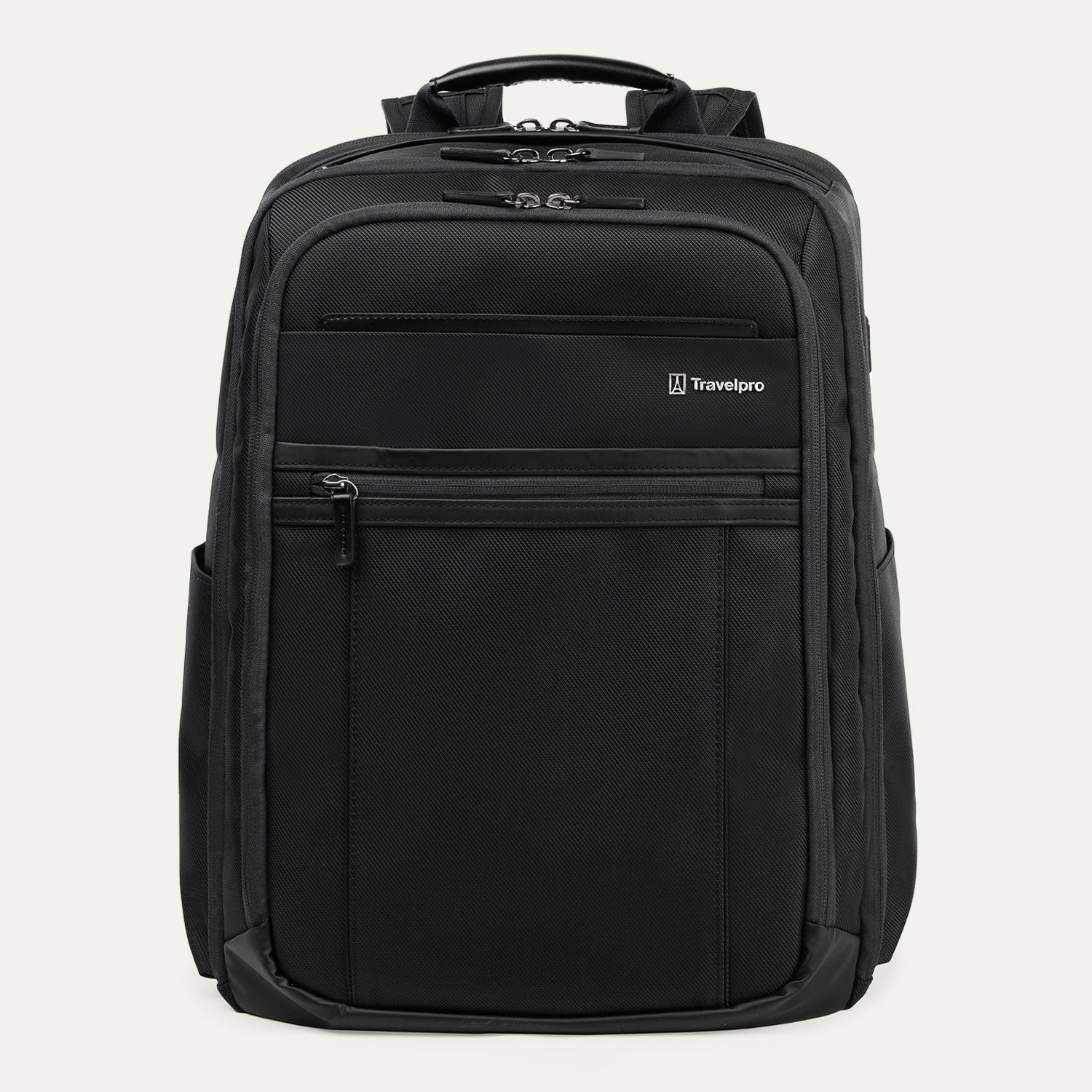 A black Travelpro Crew Executive Choice 3 large travel backpack with multiple compartments and zipper closures, featuring a logo on the front.