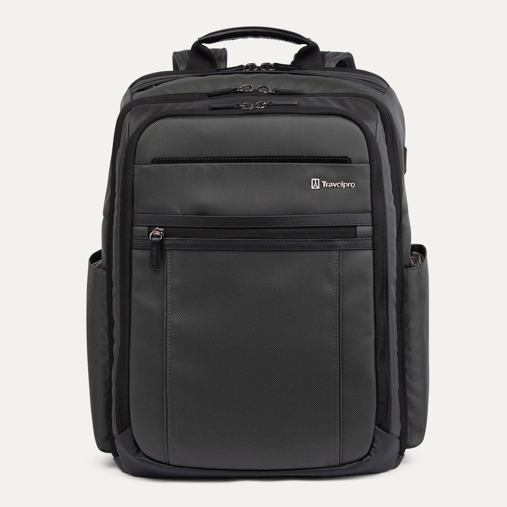 Front view of the Travelpro Crew Executive Choice 3 Large Travel Backpack in Titanium Grey, showcasing its sleek, durable design with signature leather accents, multiple exterior quick-access pockets, and the front-facing brand logo.