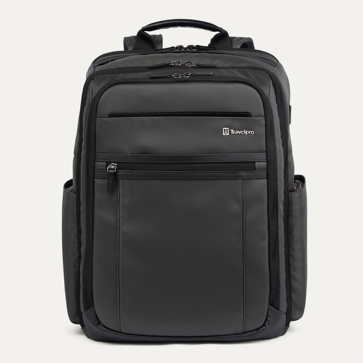 Front view of the Travelpro Crew Executive Choice 3 Large Travel Backpack in Titanium Grey, showcasing its sleek, durable design with signature leather accents, multiple exterior quick-access pockets, and the front-facing brand logo.