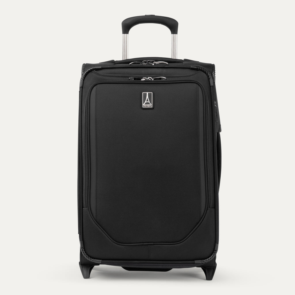 Front view of Travelpro Crew Classic Carry-On Rollaboard in Black, featuring large front panel and PowerScope Lite Handle.
