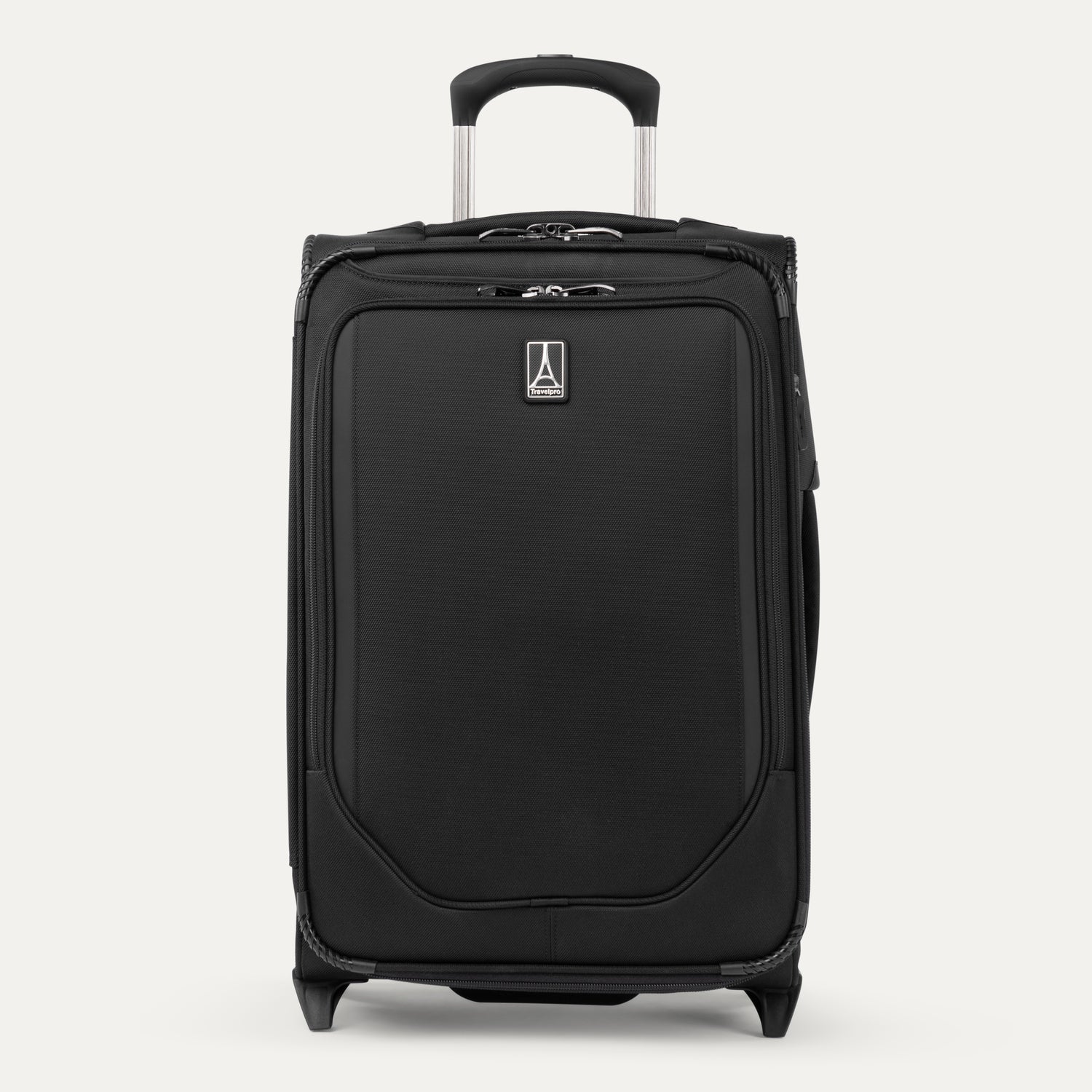Front view of Travelpro Crew Classic Carry-On Rollaboard in Black, featuring large front panel and PowerScope Lite Handle.

