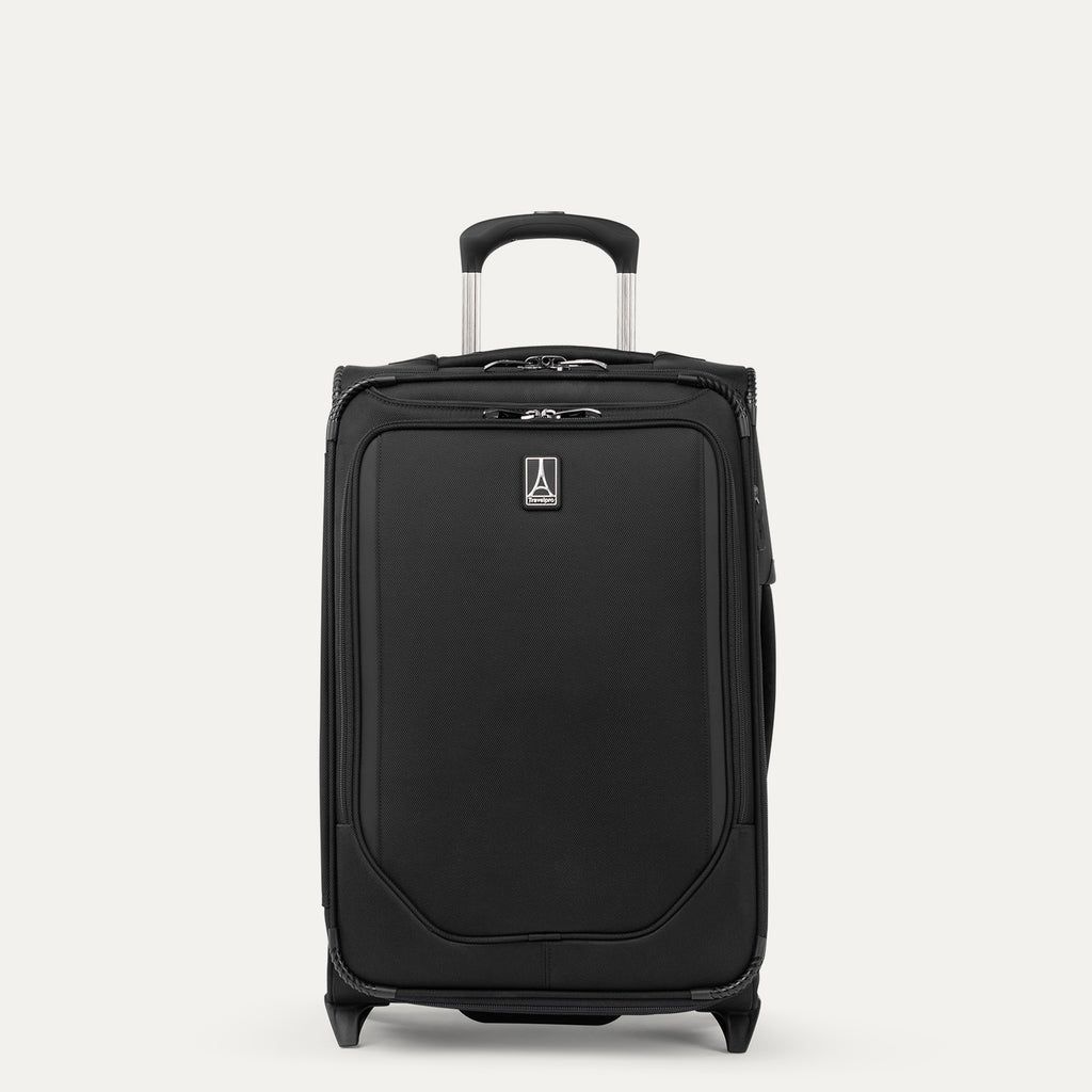 Front view of Travelpro Crew Classic Carry-On Rollaboard in Black, featuring large front panel and PowerScope Lite Handle.