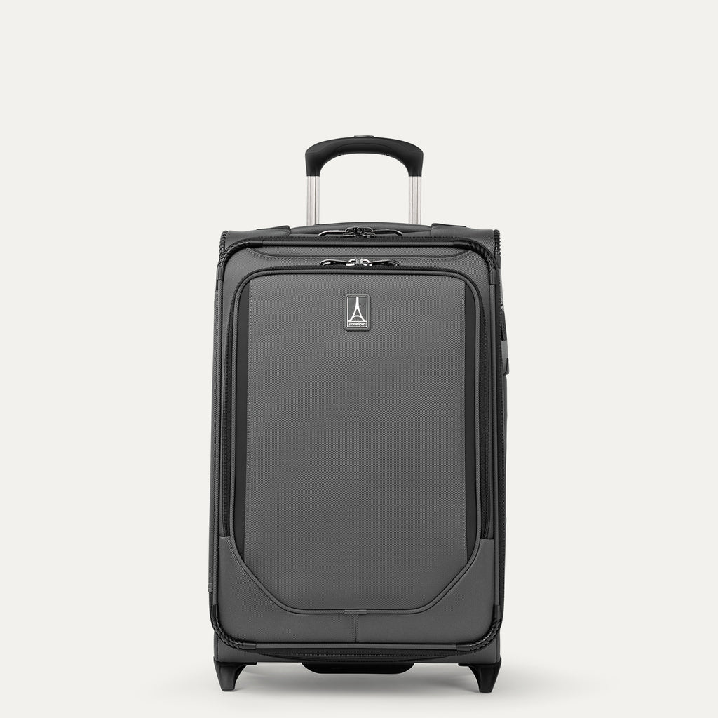 Front view of Travelpro Crew Classic Carry-On Rollaboard in Titanium Grey, featuring large front panel and PowerScope Lite Handle.