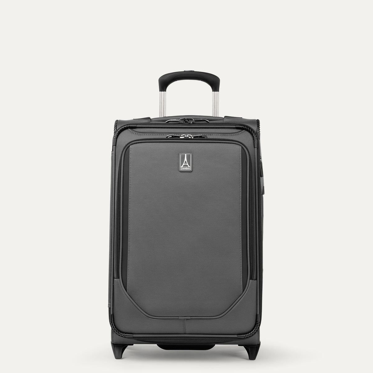 Front view of Travelpro Crew Classic Carry-On Rollaboard in Titanium Grey, featuring large front panel and PowerScope Lite Handle.