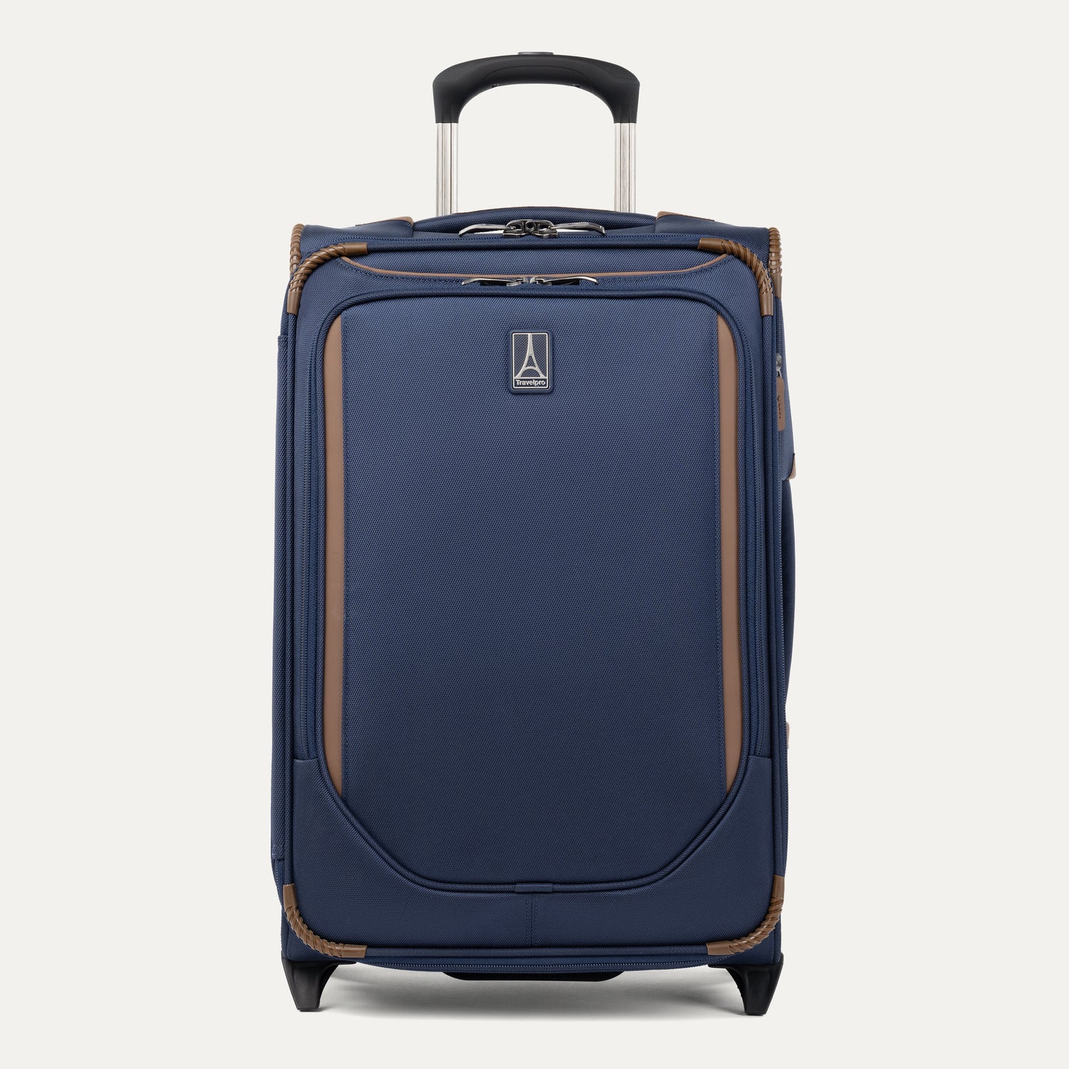 Front view of Travelpro Crew Classic Carry-On Rollaboard in Patriot Blue, featuring reinforced corners and PowerScope Lite Handle.
