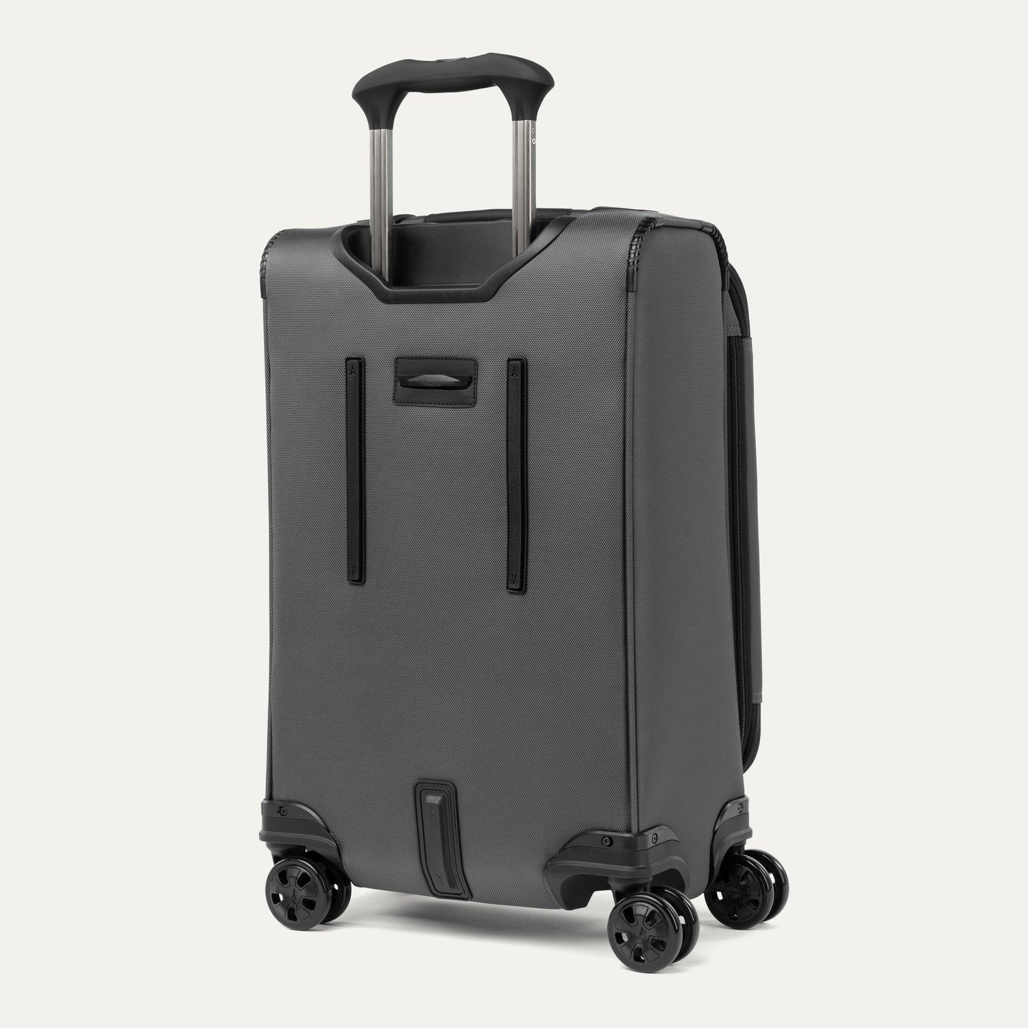 Rear view of the Travelpro Crew Classic Carry-On Spinner in Titanium Grey, featuring a PowerScope Extension Handle.
