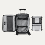 Interior of Travelpro Crew Classic Carry-On in Black, showing detachable panel with organizational pouches and adjustable straps.
