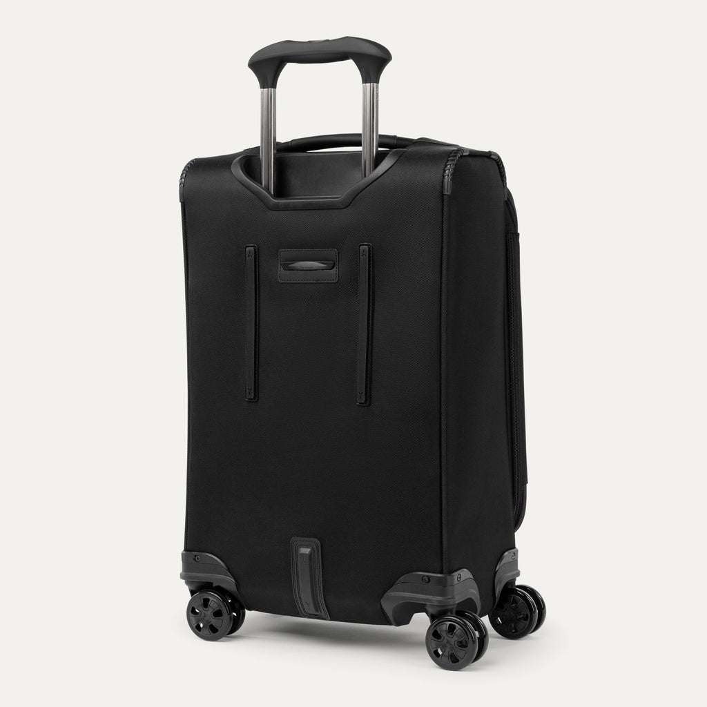 Rear view of the Travelpro Crew Classic Carry-On Spinner in Black, featuring a PowerScope Extension Handle.
