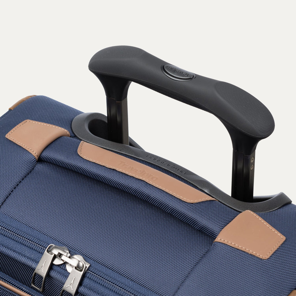 Close-up of a blue suitcase handle 