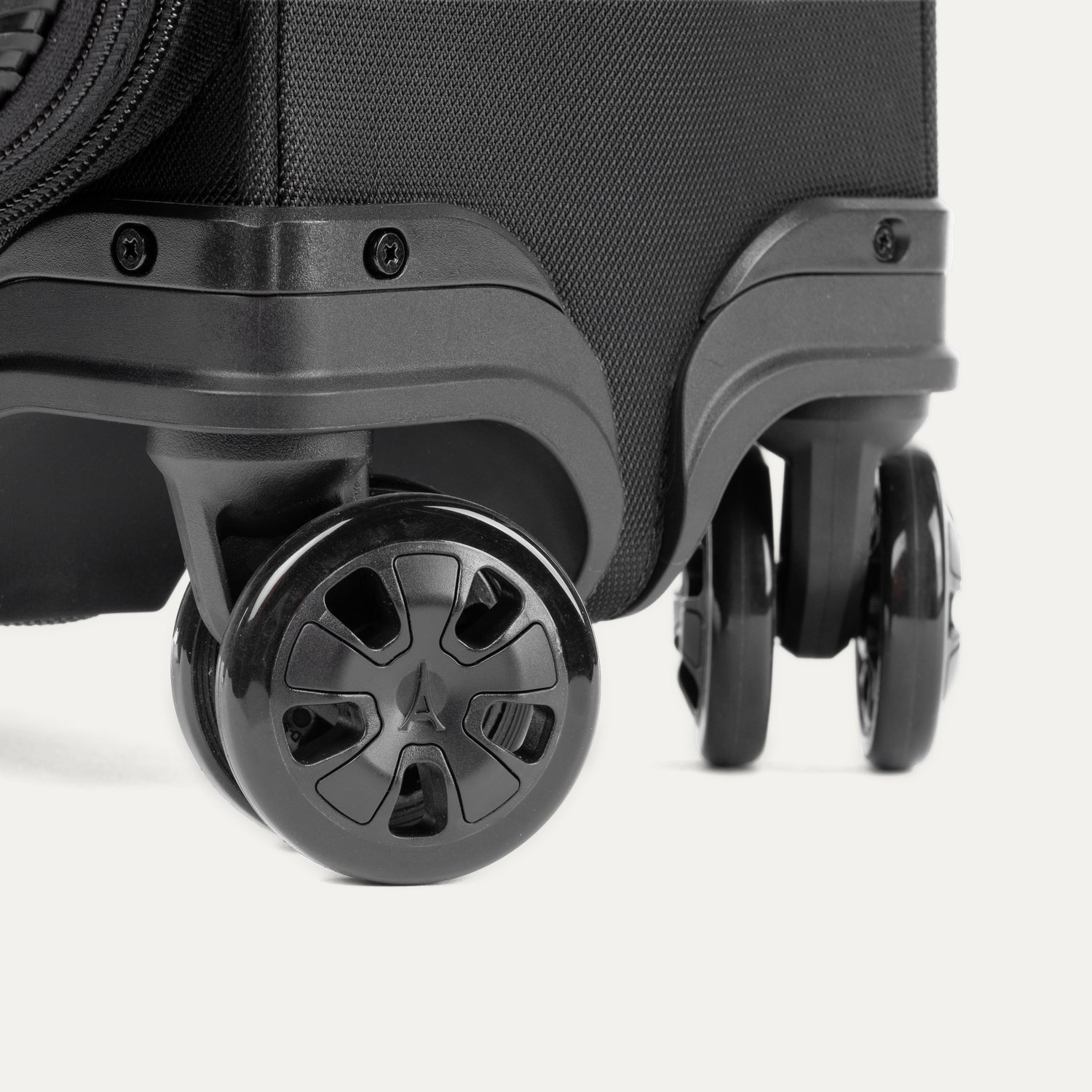Close-up of suitcase wheels on a white background