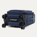 Blue suitcase with black wheels on a white background