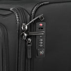 Close-up of a black suitcase with a combination lock on a white background