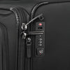 Close-up of a black suitcase with a combination lock on a white background