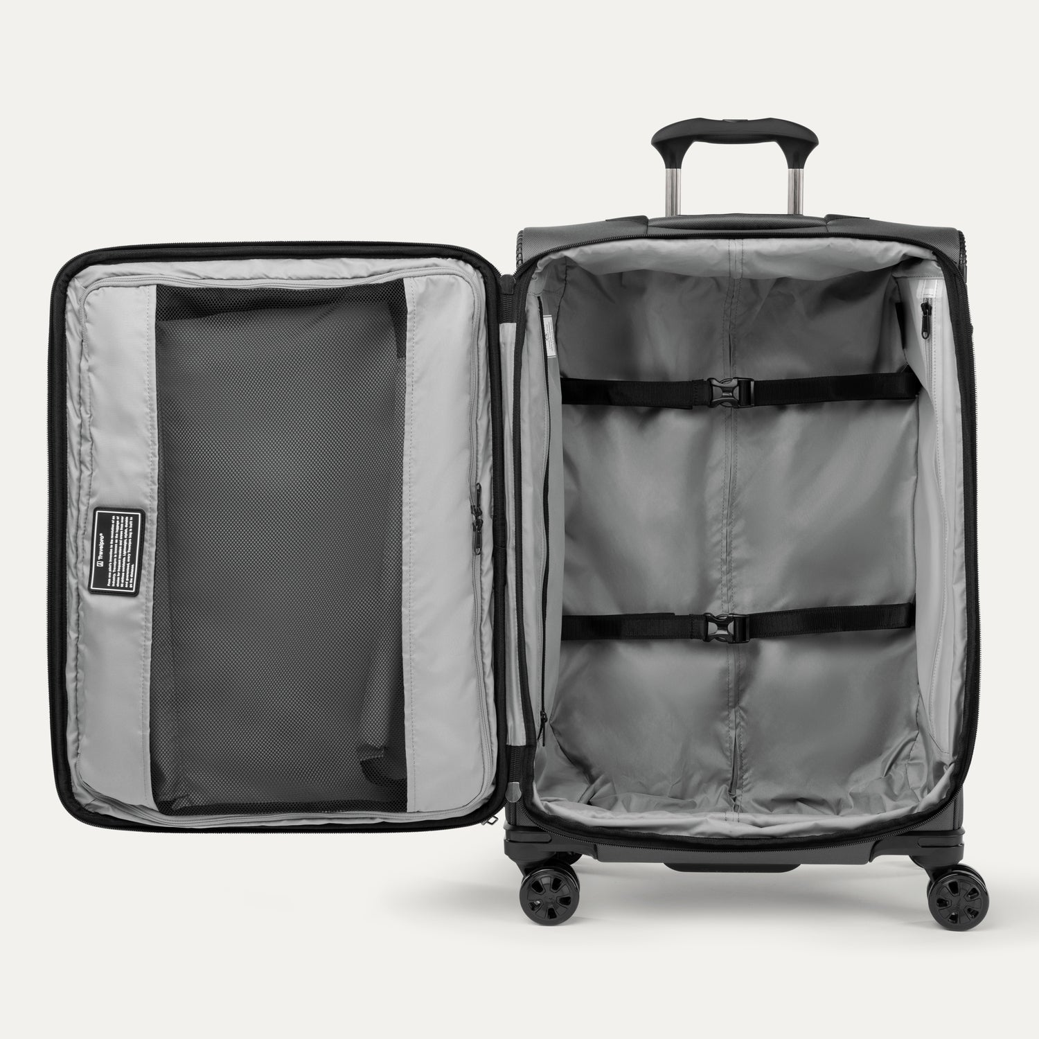 Open black suitcase on a white background