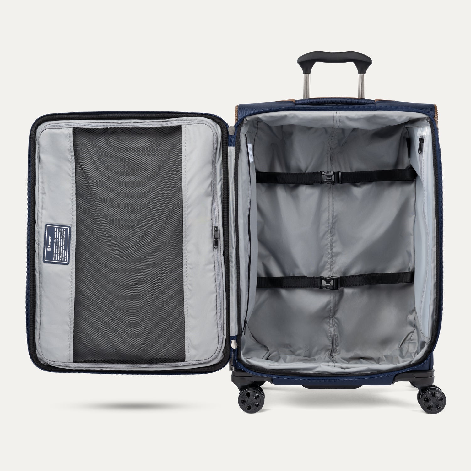 Open suitcase showing interior view on a white background 