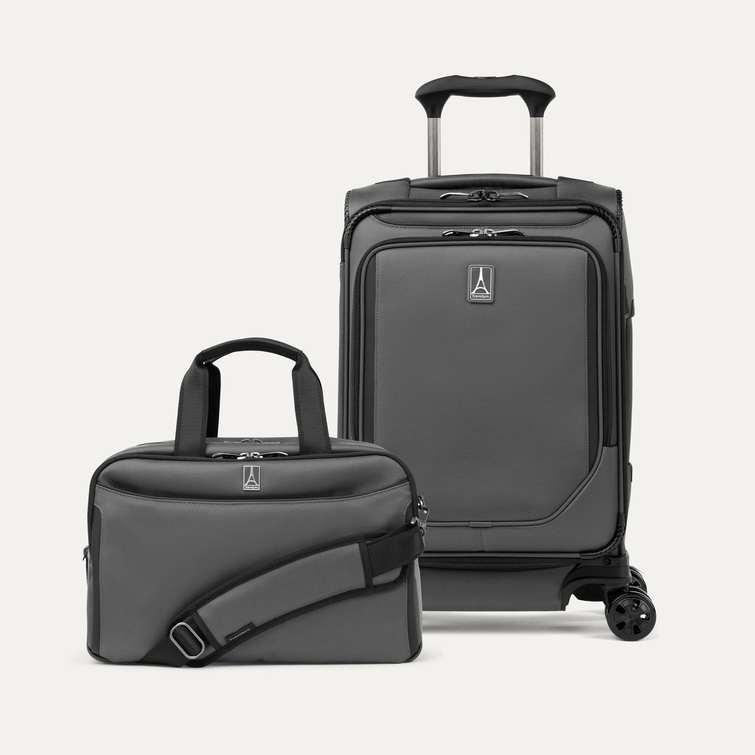 Travelpro Crew Classic Underseat Tote Bag Carry on Spinner Luggage Set in Titanium Grey Travel Suitcase