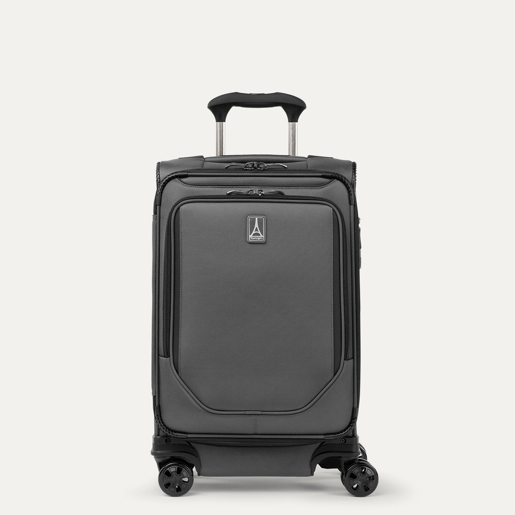 Front view of Travelpro Crew Classic Carry-On Spinner in Titanium Grey, featuring PowerScope Lite Handle and reinforced corners.
