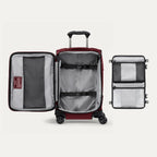 Open view of Crew™ Classic Carry-on Expandable Spinner in Rosewood Red, showing interior compartments and removable accessory panel.
