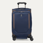 Front view of Travelpro Crew Classic Carry-On Spinner in Patriot Blue, featuring PowerScope Lite Handle and protective corner details.

