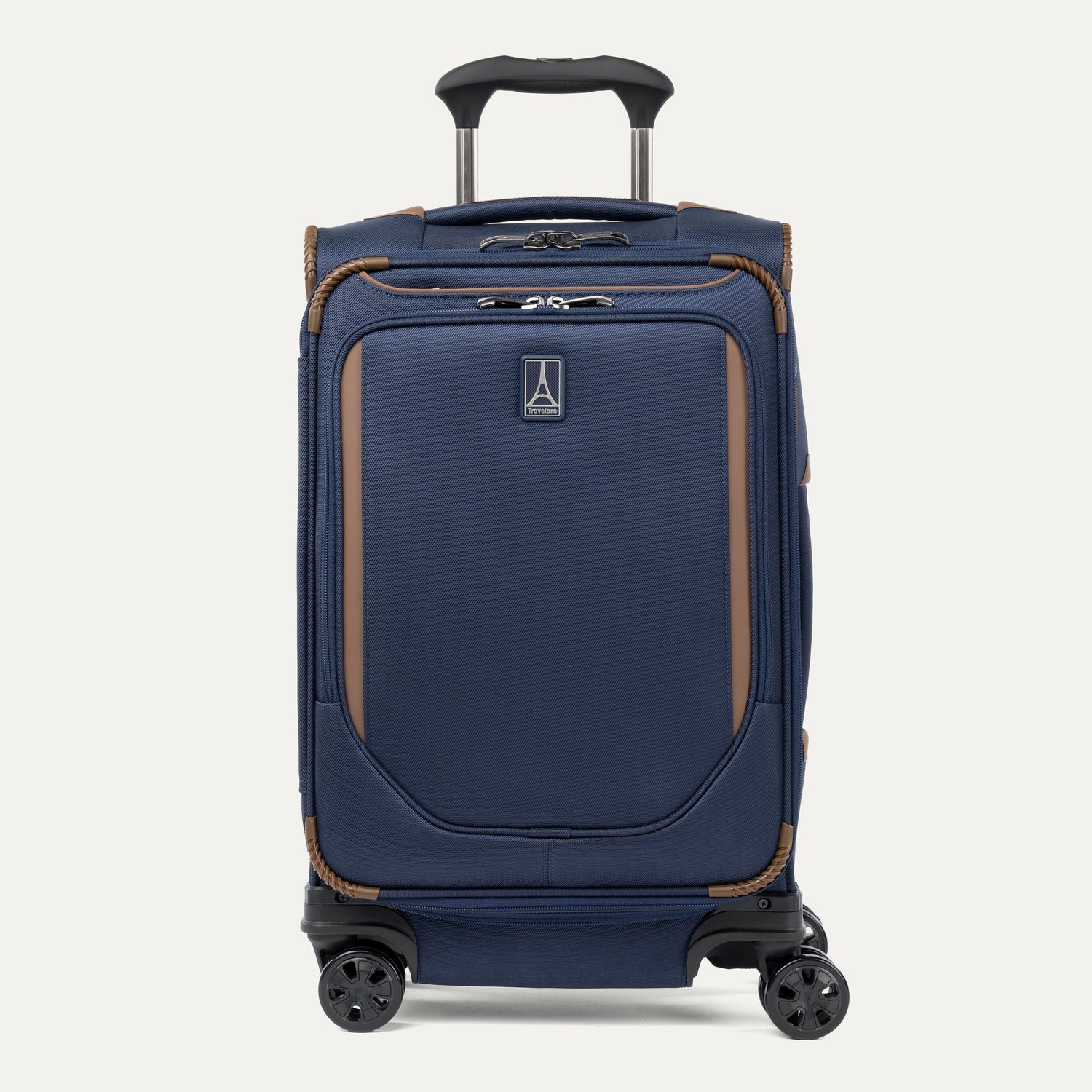 Front view of Travelpro Crew Classic Carry-On Spinner in Patriot Blue, featuring PowerScope Lite Handle and protective corner details.

