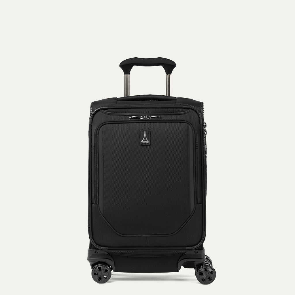 Front view of Travelpro Crew Classic Compact Carry-On Spinner in Black, featuring PowerScope Lite Handle and reinforced corners.