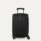 Front view of Travelpro Crew Classic Compact Carry-On Spinner in Black, featuring PowerScope Lite Handle and reinforced corners.