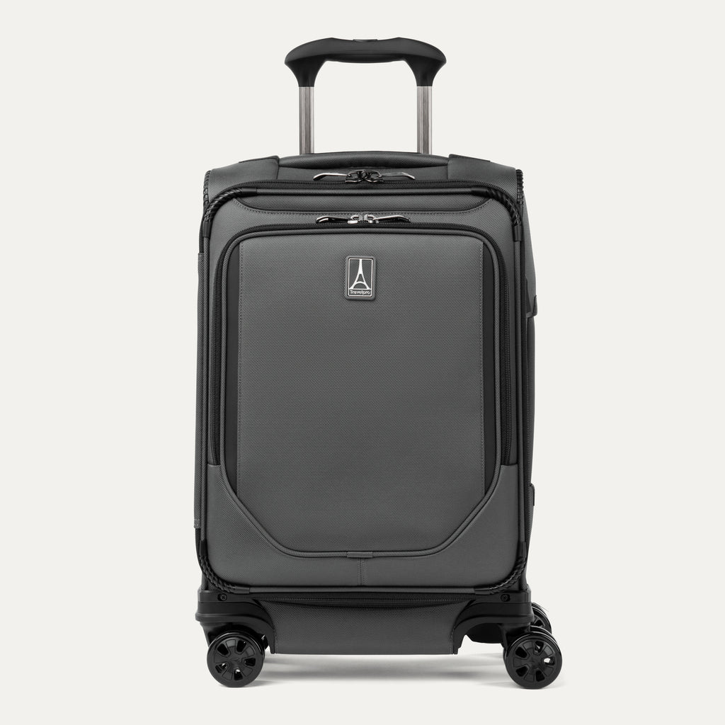 Front view of Travelpro Crew Classic Compact Carry-On Spinner in Titanium Grey, featuring PowerScope Lite Handle and reinforced corners.
