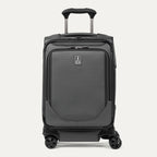 Front view of Travelpro Crew Classic Compact Carry-On Spinner in Titanium Grey, featuring PowerScope Lite Handle and reinforced corners.
