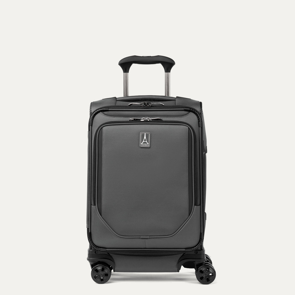 Front view of Travelpro Crew Classic Compact Carry-On Spinner in Titanium Grey, featuring PowerScope Lite Handle and reinforced corners.