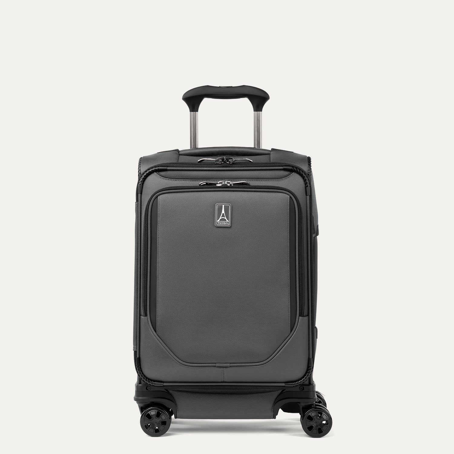 Front view of Travelpro Crew Classic Compact Carry-On Spinner in Titanium Grey, featuring PowerScope Lite Handle and reinforced corners.