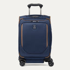 Front view of Travelpro Crew Classic  compact Carry-On Spinner in Patriot Blue, featuring PowerScope Lite Handle and reinforced corners.
