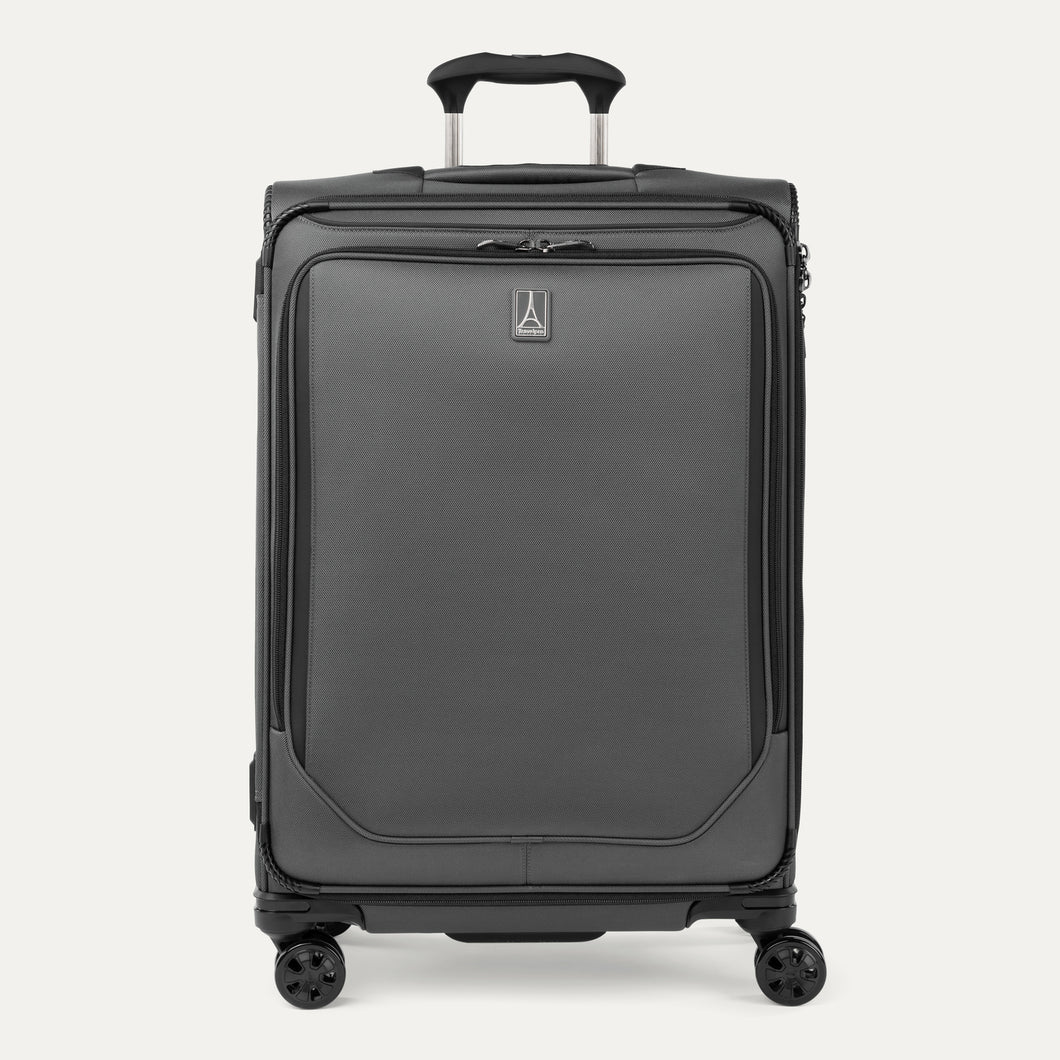 Front view of Travelpro Crew Classic Medium Check-In Expandable Spinner in Titanium Grey, showcasing 360° Spinner Wheels