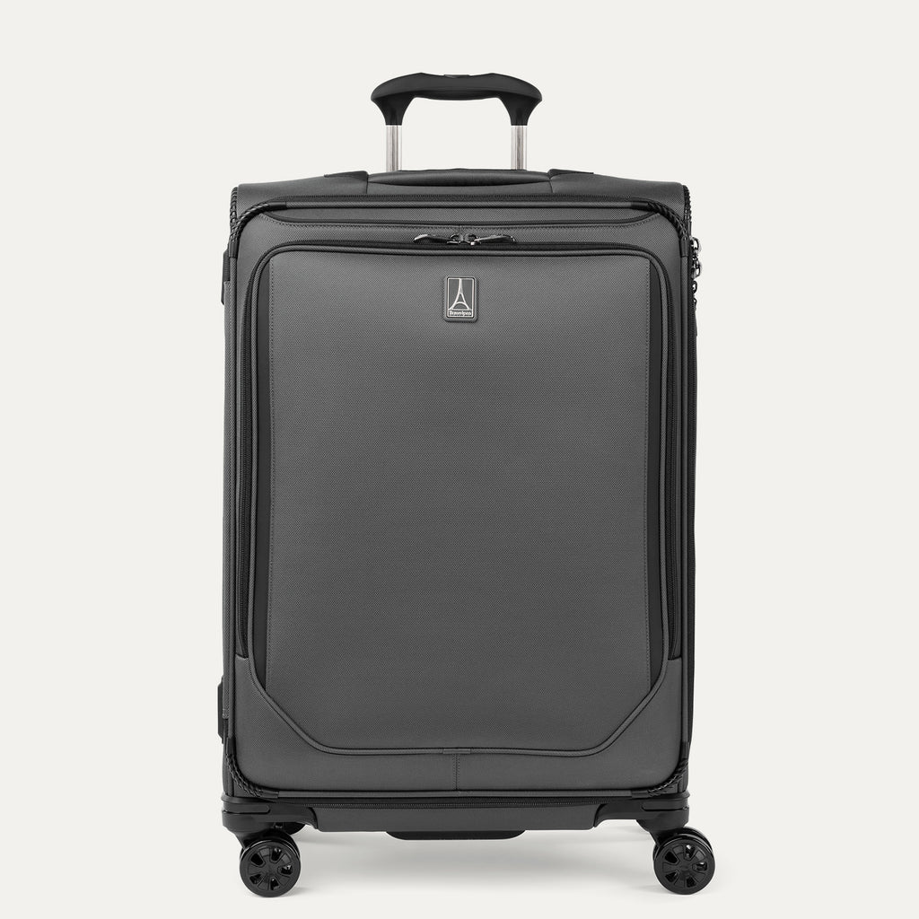 Front view of Travelpro Crew Classic Medium Check-In Expandable Spinner in Titanium Grey, showcasing 360° Spinner Wheels
