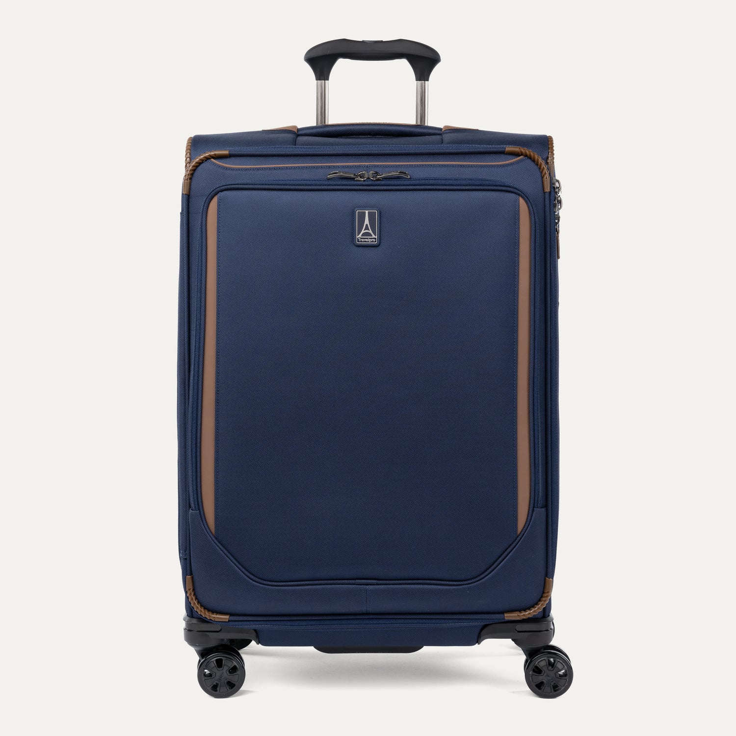 Front view of Travelpro Crew Classic Medium Check-In Expandable Spinner in Patriot Blue, featuring smooth 360° Spinner Wheels and reinforced corners.
