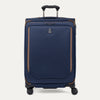 Front view of Travelpro Crew Classic Medium Check-In Expandable Spinner in Patriot Blue, featuring smooth 360° Spinner Wheels and reinforced corners.
