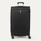Front view of Travelpro Crew Classic Large Check-In Expandable Spinner in Black, with 360° Spinner Wheels, corner reinforcements, and low-profile top carry handle.