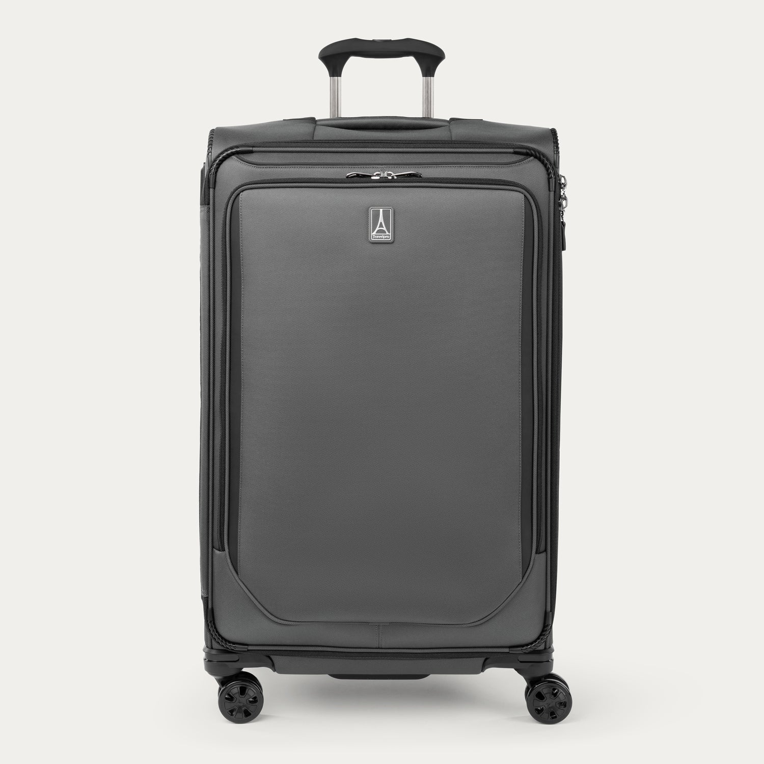 Front view of Travelpro Crew Classic Large Check-In Expandable Spinner in Titanium Grey, with 360° Spinner Wheels, corner reinforcements, and low-profile top carry handle.