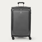 Front view of Travelpro Crew Classic Large Check-In Expandable Spinner in Titanium Grey, with 360° Spinner Wheels, corner reinforcements, and low-profile top carry handle.