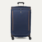 Front view of Travelpro Crew Classic Large Check-In Expandable Spinner in Patriot Blue, with 360° Spinner Wheels, corner reinforcements, and low-profile top carry handle.
