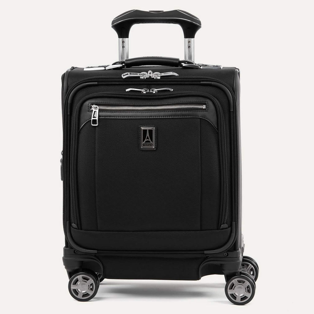 A black Platinum Elite carry-on spinner tote with black wheels and a telescopic handle, featuring premium fabrics and leather trim.