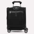 A black Platinum Elite carry-on spinner tote with black wheels and a telescopic handle, featuring premium fabrics and leather trim.