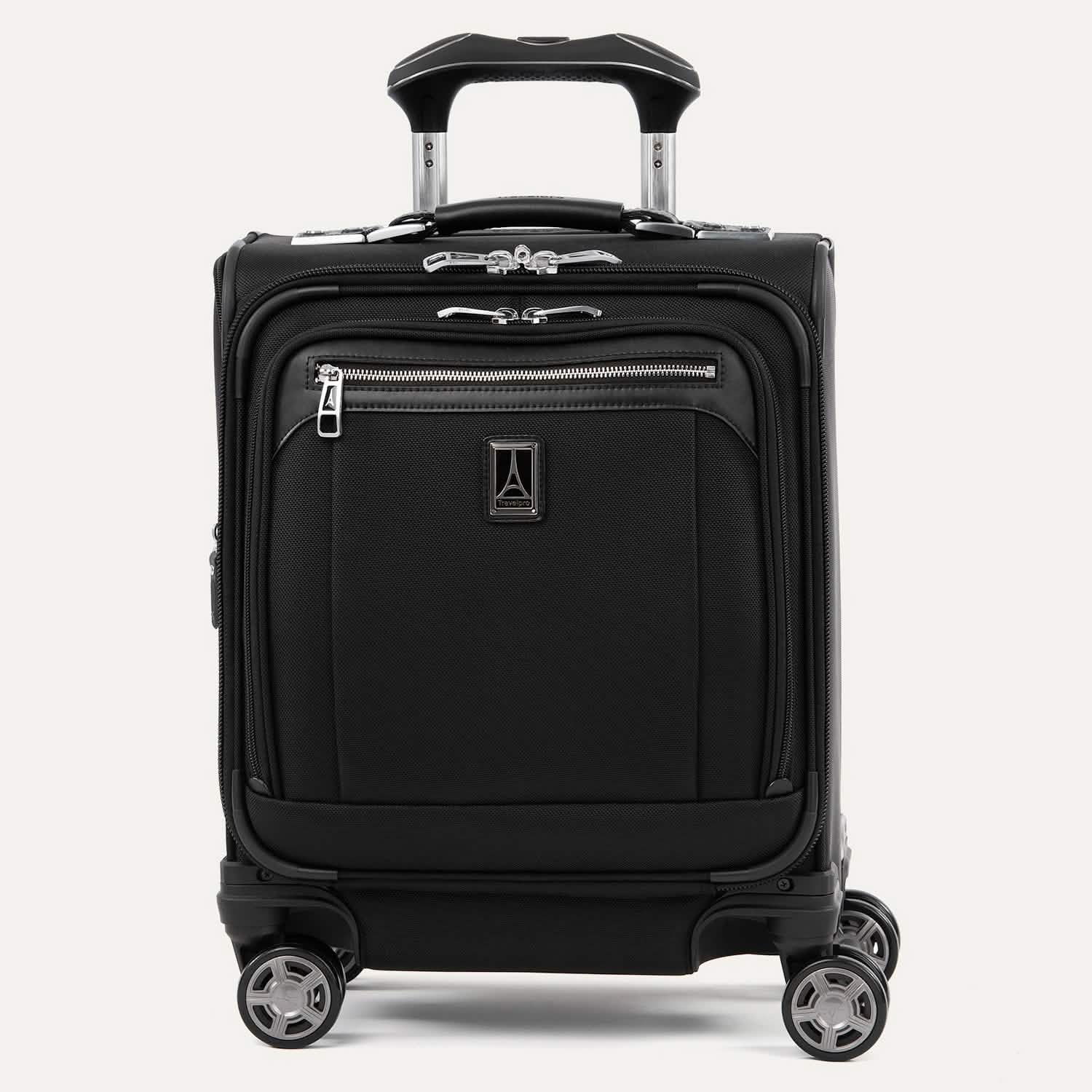 A black Platinum Elite carry-on spinner tote with black wheels and a telescopic handle, featuring premium fabrics and leather trim.