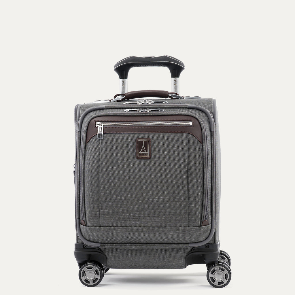Front view of Travelpro Platinum Elite Carry-On Spinner Tote in Vintage Gray, offering 360° Spinner Wheels and a low-profile top carry handle.