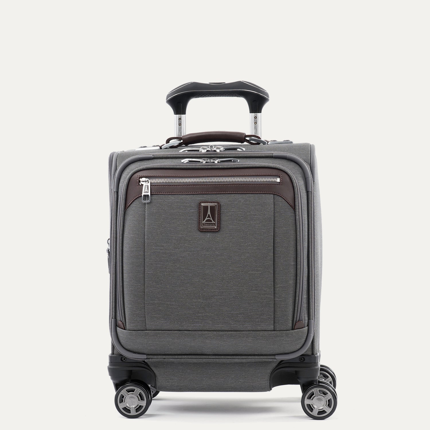 Front view of Travelpro Platinum Elite Carry-On Spinner Tote in Vintage Gray, offering 360° Spinner Wheels and a low-profile top carry handle.