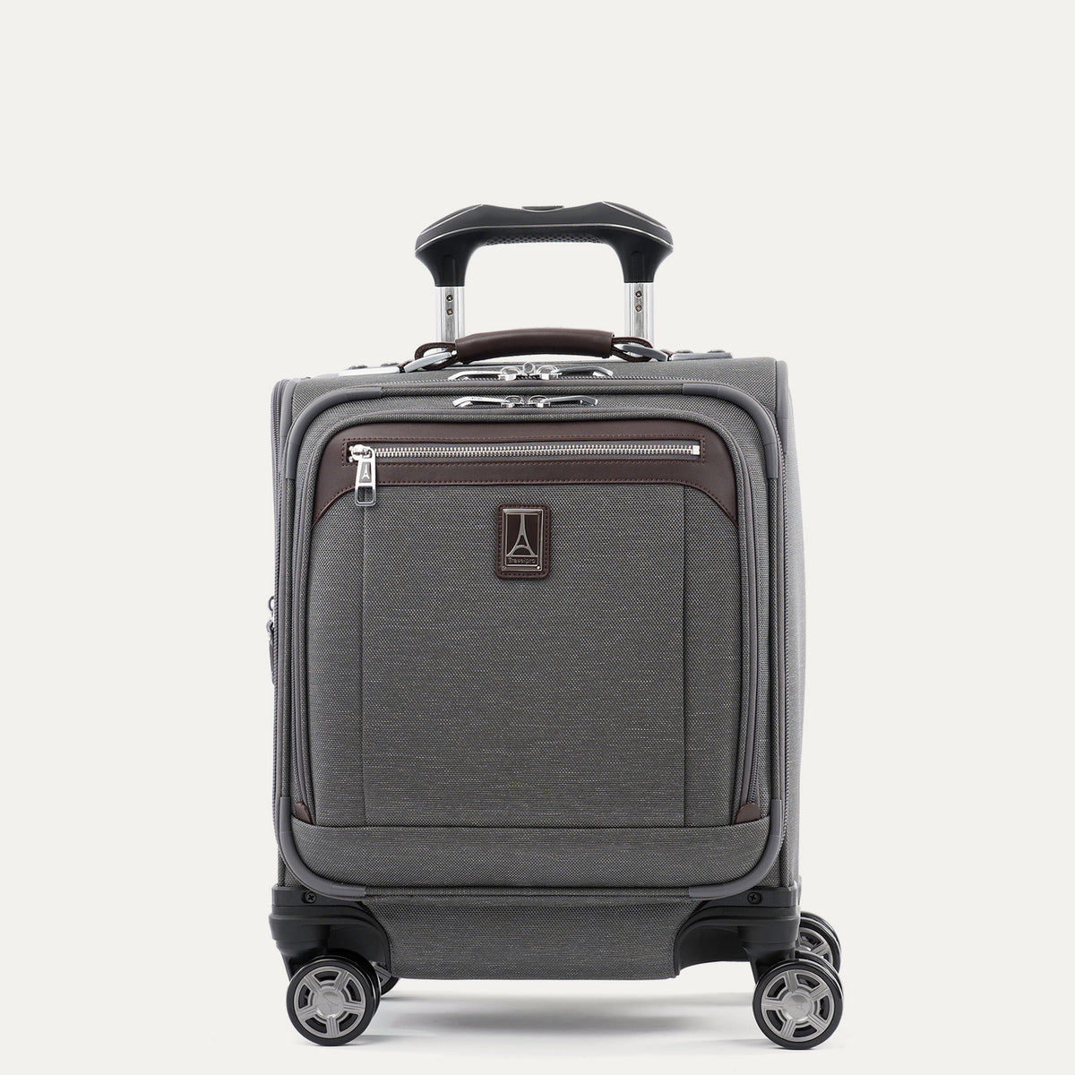 Front view of Travelpro Platinum Elite Carry-On Spinner Tote in Vintage Gray, offering 360° Spinner Wheels and a low-profile top carry handle.