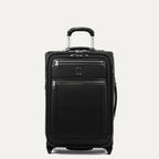 A black, expandable carry-on rollaboard suitcase with a suiter compartment, two wheels, chrome zippers, and leather accents.