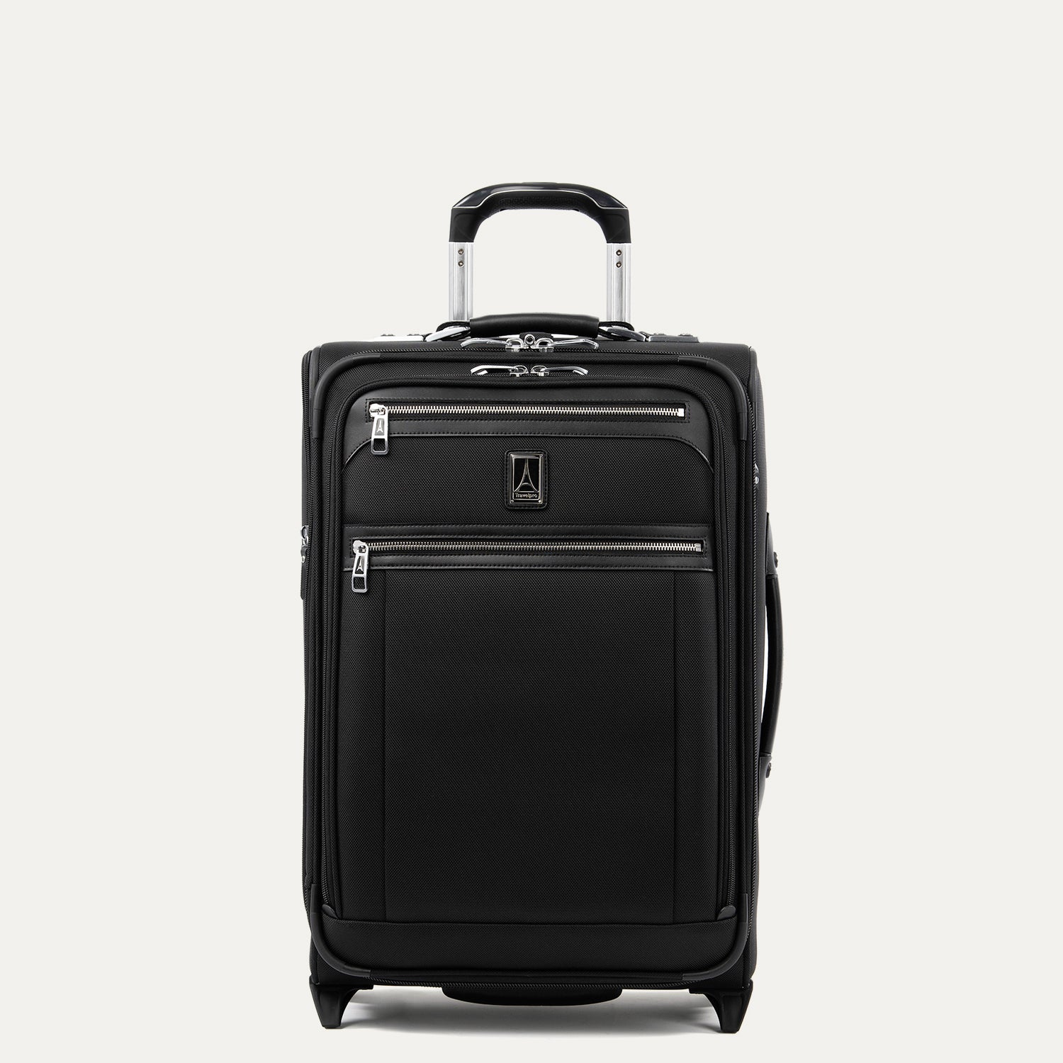 A black, expandable carry-on rollaboard suitcase with a suiter compartment, two wheels, chrome zippers, and leather accents.